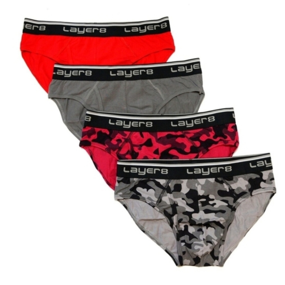 Layer 8 Mens Low Rise Camo 4 Pack Cotton Stretch Briefs Fly Front Gray Red New L